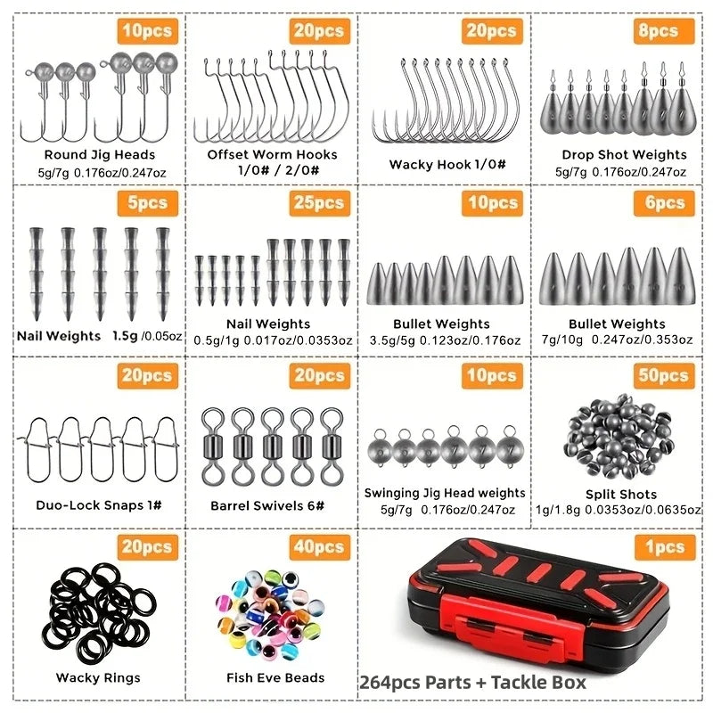Fishing Accessories Set, 264/397pcs Fishing Tackle Box with Hooks, Weights Sinkers, Swivels, Beads, Fishing Gear