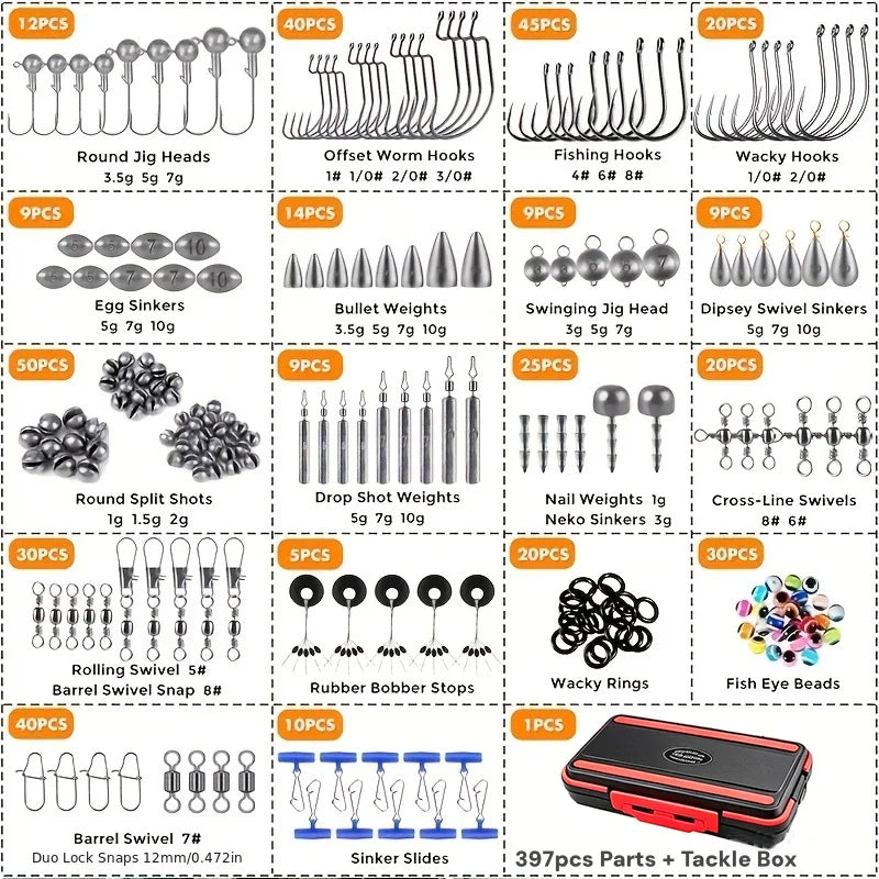 Fishing Accessories Set, 264/397pcs Fishing Tackle Box with Hooks, Weights Sinkers, Swivels, Beads, Fishing Gear