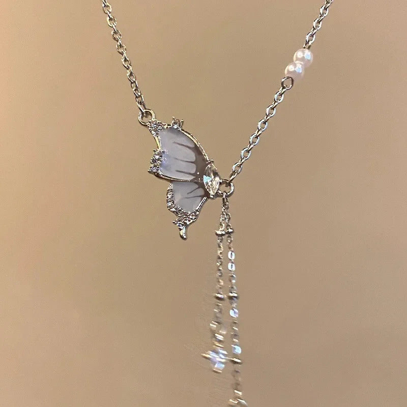Fashion Fairy Pink Crystal Bow Knot Pendant Necklaces Y2K Girls Sweet Rhinestone Heart Clavicle Chain Women Jewelry Gifts